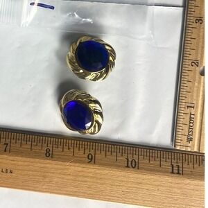 Gold Tone Blue Oval Gemstone Clip On Earrings Vintage
